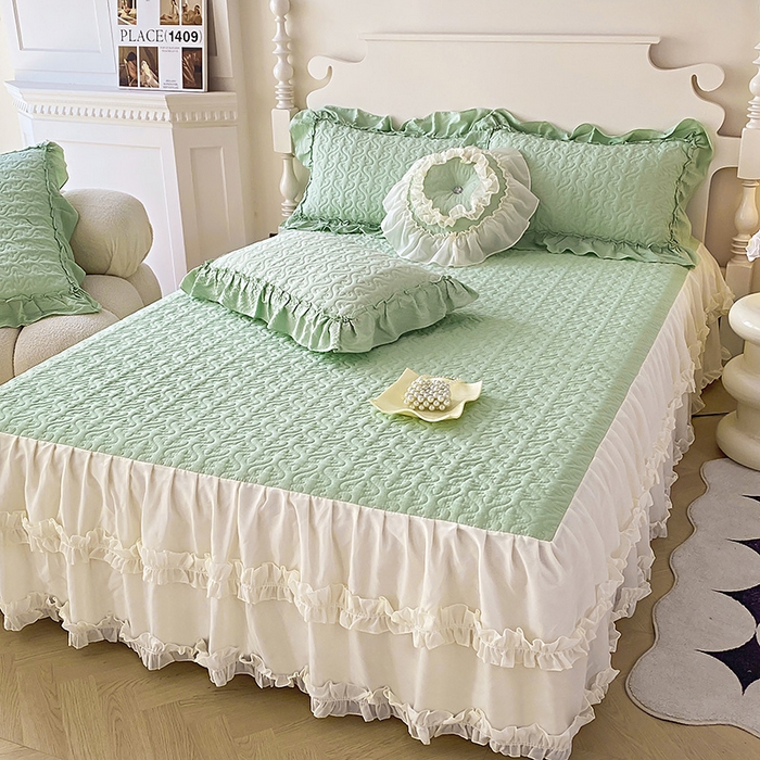 91家纺网 家纺一手货源 找家纺 花香四季家纺 2025新款法式夹棉绗缝床裙单件三件套蕾丝公主风-可可甜心 可可甜心-绿