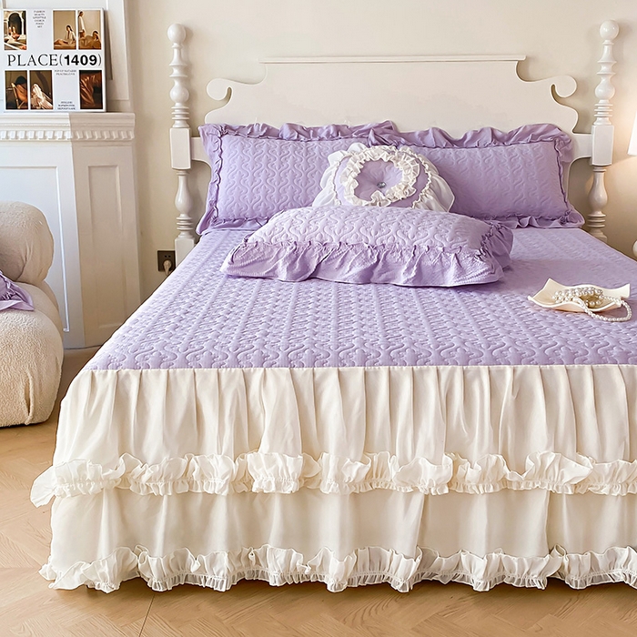 91家纺网 家纺一手货源 找家纺 花香四季家纺 2025新款法式夹棉绗缝床裙单件三件套蕾丝公主风-可可甜心 可可甜心-紫