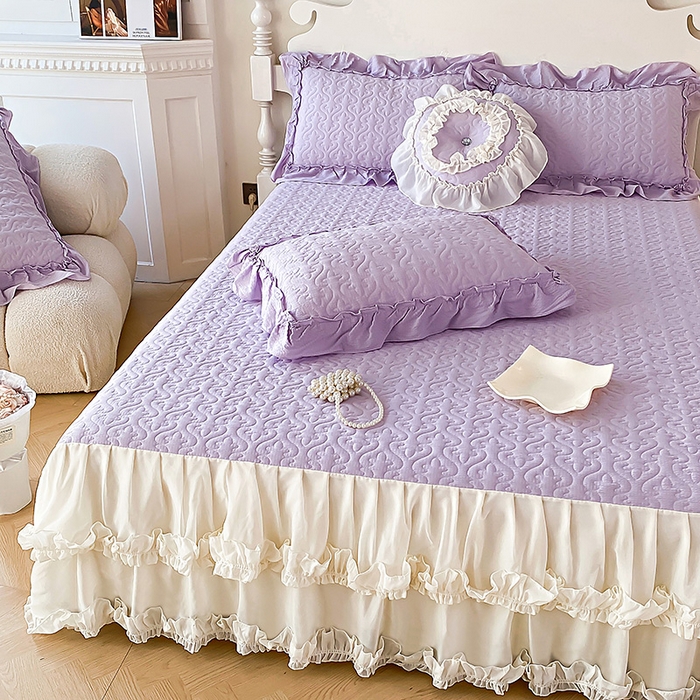 91家纺网 家纺一手货源 找家纺 花香四季家纺 2025新款法式夹棉绗缝床裙单件三件套蕾丝公主风-可可甜心 可可甜心-紫