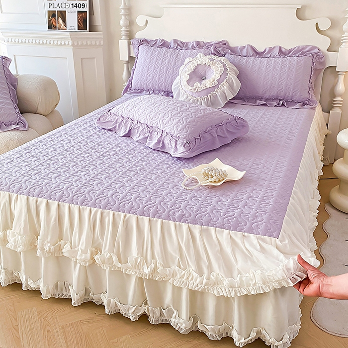 91家纺网 家纺一手货源 找家纺 花香四季家纺 2025新款法式夹棉绗缝床裙单件三件套蕾丝公主风-可可甜心 可可甜心-紫