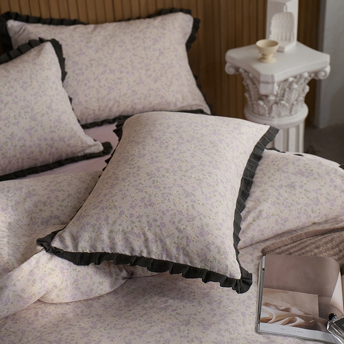 91家纺网 家纺一手货源 找家纺 蓝邻家纺 2025新款全棉纯棉双层纱绉绉花边四件套系列 半亩花田