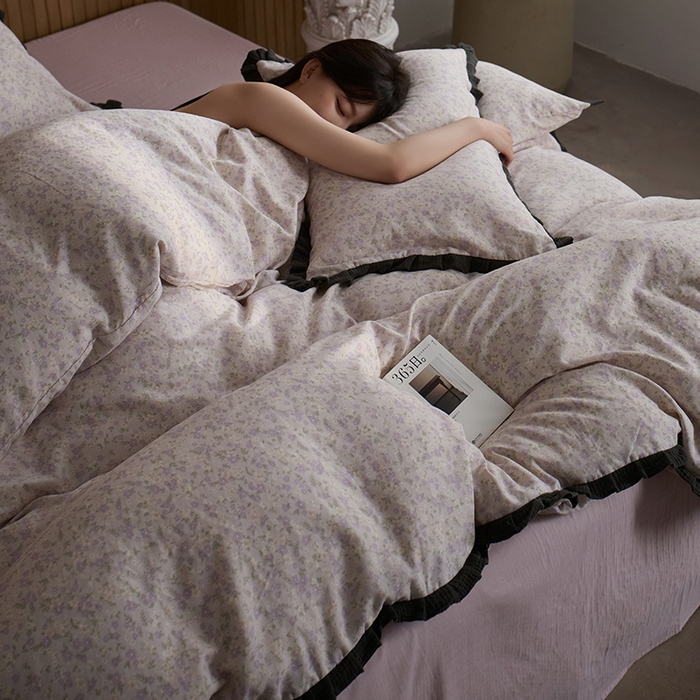 91家纺网 家纺一手货源 找家纺 蓝邻家纺 2025新款全棉纯棉双层纱绉绉花边四件套系列 半亩花田