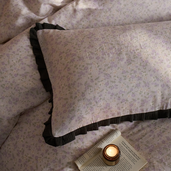 91家纺网 家纺一手货源 找家纺 蓝邻家纺 2025新款全棉纯棉双层纱绉绉花边四件套系列 半亩花田