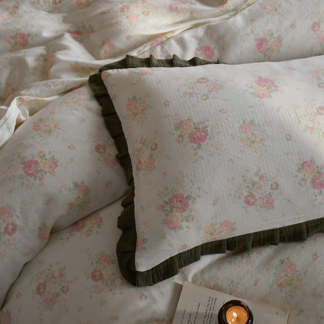 91家纺网 家纺一手货源 找家纺 蓝邻家纺 2025新款全棉纯棉双层纱绉绉花边四件套系列 慕情