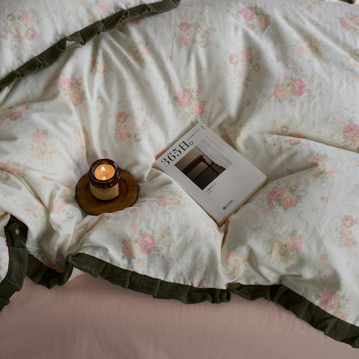 91家纺网 家纺一手货源 找家纺 蓝邻家纺 2025新款全棉纯棉双层纱绉绉花边四件套系列 慕情