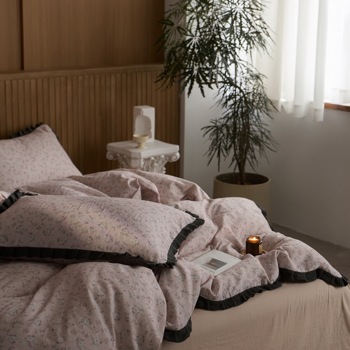 91家纺网 家纺一手货源 找家纺 蓝邻家纺 2025新款全棉纯棉双层纱绉绉花边四件套系列 米娅