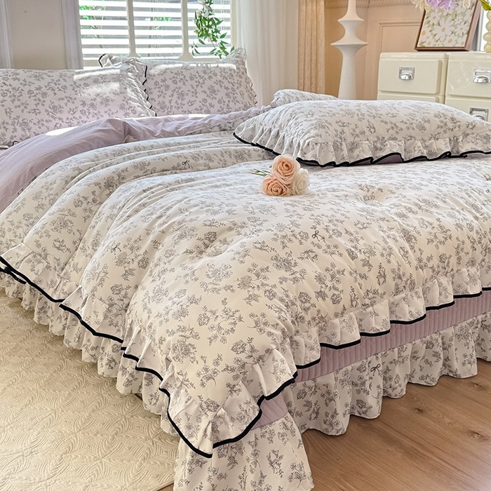 91家纺网 家纺一手货源 找家纺 韩约家纺 2025新款1皱皱纱花边夏被四件套 朝花夕拾