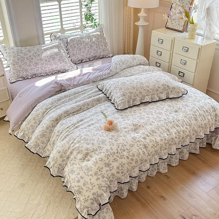 91家纺网 家纺一手货源 找家纺 韩约家纺 2025新款1皱皱纱花边夏被四件套 朝花夕拾