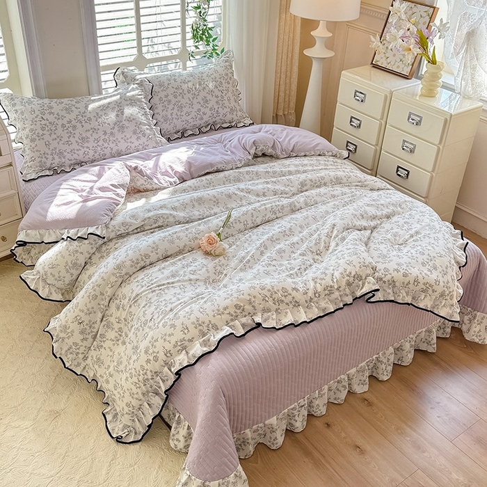 91家纺网 家纺一手货源 找家纺 韩约家纺 2025新款1皱皱纱花边夏被四件套 朝花夕拾