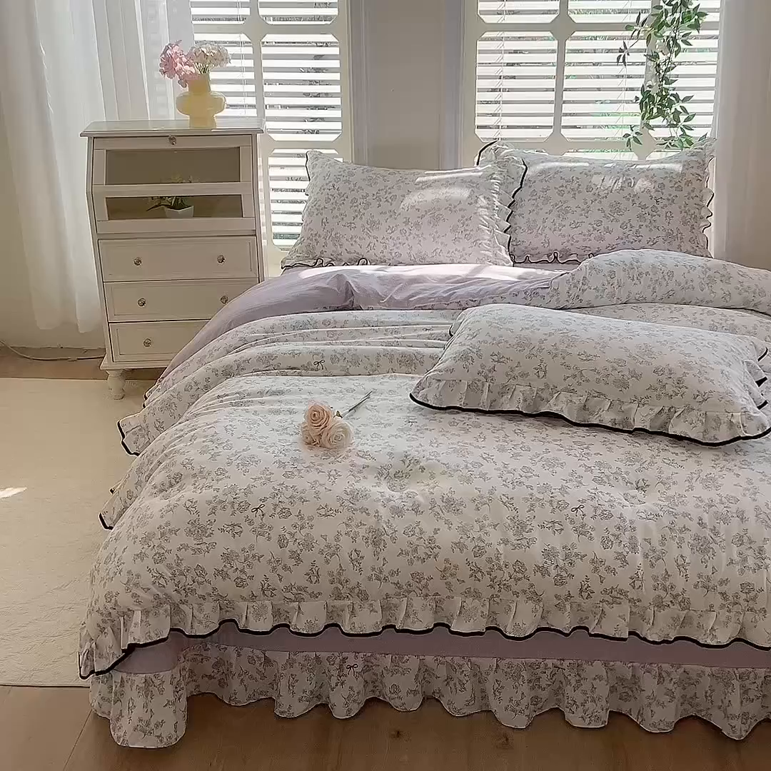 91家纺网 家纺一手货源 找家纺 韩约家纺 2025新款1皱皱纱花边夏被四件套 朝花夕拾