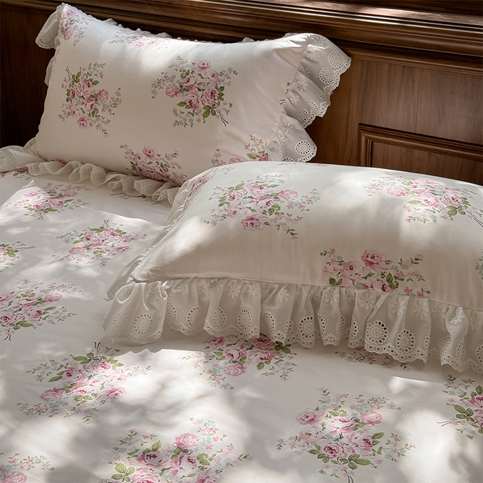 91家纺网 家纺一手货源 找家纺 胜权家纺 2025新款春夏新款全棉法式花边床裙款四件套系列 粉色佳人