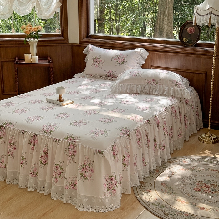 91家纺网 家纺一手货源 找家纺 胜权家纺 2025新款春夏新款全棉法式花边床裙款四件套系列 粉色佳人