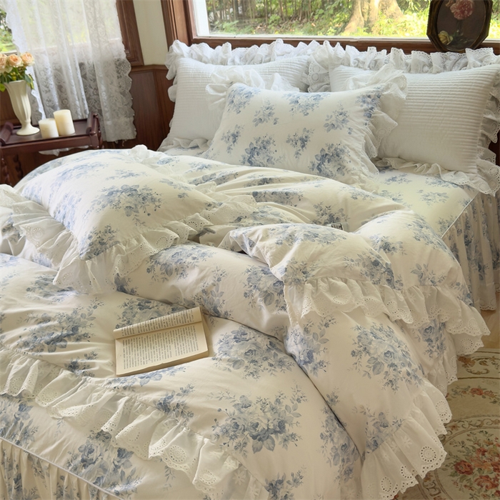 91家纺网 家纺一手货源 找家纺 胜权家纺 2025新款全棉法式花边款单床裙 蓝色花园