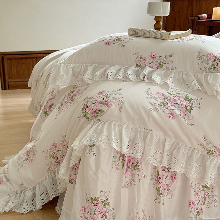 91家纺网 家纺一手货源 找家纺 胜权家纺 2025新款全棉法式花边款单床裙 粉色佳人