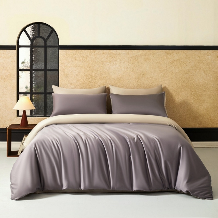 91家纺网 家纺一手货源 找家纺 秀色家纺 2025新款A类60s新疆长绒棉纯棉四件套全棉床上用品纯色床单被套被罩三件套-米朵 米朵-乌梅紫+香槟金