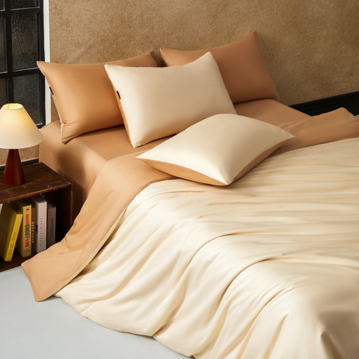 91家纺网 家纺一手货源 找家纺 秀色家纺 2025新款A类60s新疆长绒棉纯棉四件套全棉床上用品纯色床单被套被罩三件套-米朵 米朵-奶油柚子金