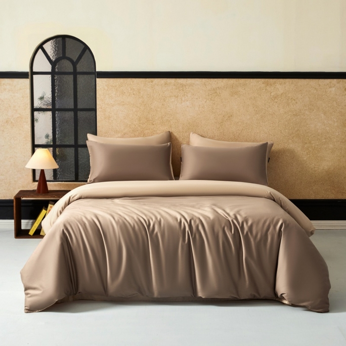 91家纺网 家纺一手货源 找家纺 秀色家纺 2025新款A类60s新疆长绒棉纯棉四件套全棉床上用品纯色床单被套被罩三件套-米朵 米朵-亚麻咖+香槟金