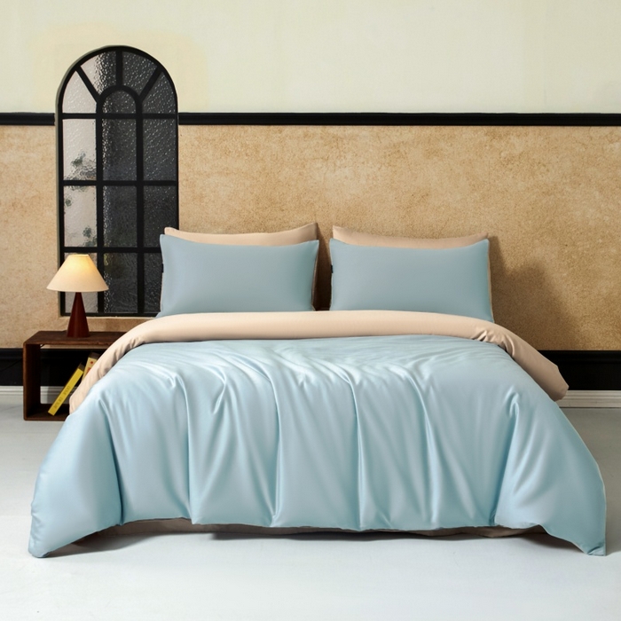 91家纺网 家纺一手货源 找家纺 秀色家纺 2025新款A类60s新疆长绒棉纯棉四件套全棉床上用品纯色床单被套被罩三件套-米朵 米朵-天空蓝+奶昔白