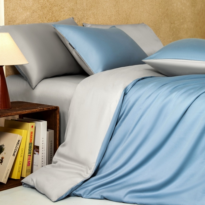 91家纺网 家纺一手货源 找家纺 秀色家纺 2025新款A类60s新疆长绒棉纯棉四件套全棉床上用品纯色床单被套被罩三件套-米朵 米朵-静谧蓝+烟墨灰