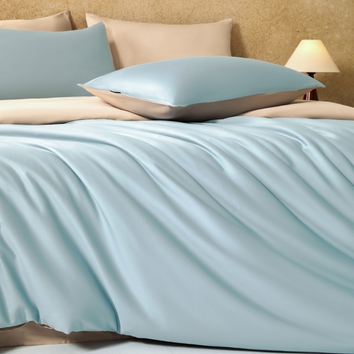 91家纺网 家纺一手货源 找家纺 秀色家纺 2025新款A类60s新疆长绒棉纯棉四件套全棉床上用品纯色床单被套被罩三件套-米朵 米朵-天空蓝+奶昔白