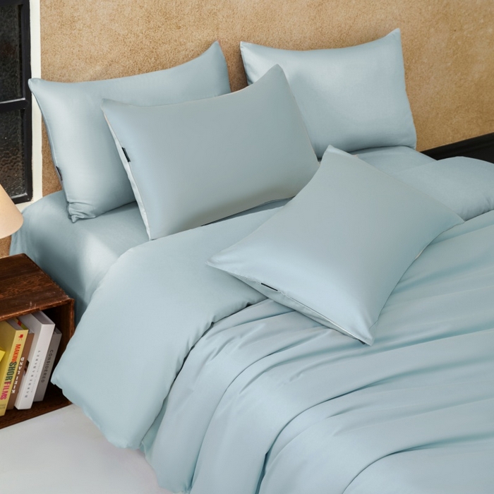 91家纺网 家纺一手货源 找家纺 秀色家纺 2025新款A类60s新疆长绒棉纯棉四件套全棉床上用品纯色床单被套被罩三件套-米朵 米朵-天空蓝