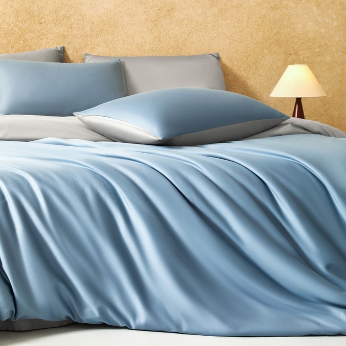 91家纺网 家纺一手货源 找家纺 秀色家纺 2025新款A类60s新疆长绒棉纯棉四件套全棉床上用品纯色床单被套被罩三件套-米朵 米朵-静谧蓝+烟墨灰