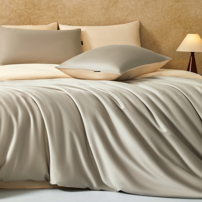 91家纺网 家纺一手货源 找家纺 秀色家纺 2025新款A类60s新疆长绒棉纯棉四件套全棉床上用品纯色床单被套被罩三件套-米朵 米朵-烟墨灰+奶昔白