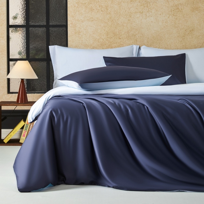 秀色家纺 2025新款A类60s新疆长绒棉纯棉四件套全棉床上用品纯色床单被套被罩三件套-米朵 米朵-深空蓝+远山蓝