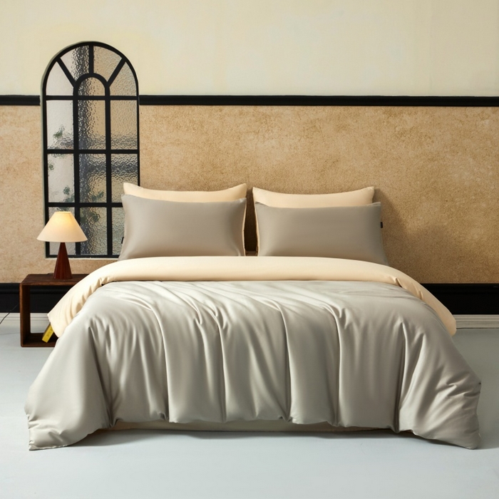 91家纺网 家纺一手货源 找家纺 秀色家纺 2025新款A类60s新疆长绒棉纯棉四件套全棉床上用品纯色床单被套被罩三件套-米朵 米朵-烟墨灰+奶昔白