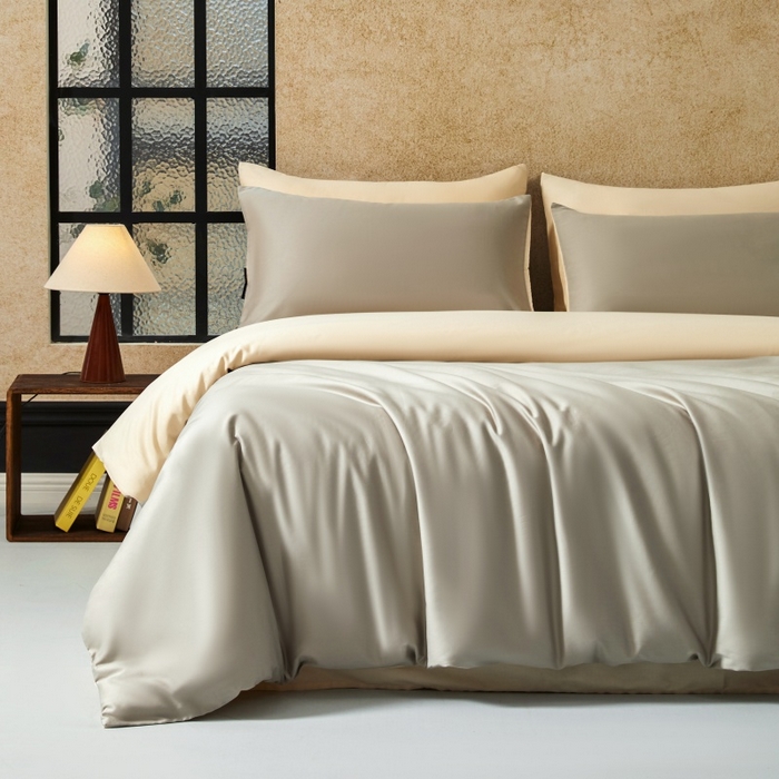 91家纺网 家纺一手货源 找家纺 秀色家纺 2025新款A类60s新疆长绒棉纯棉四件套全棉床上用品纯色床单被套被罩三件套-米朵 米朵-烟墨灰+奶昔白