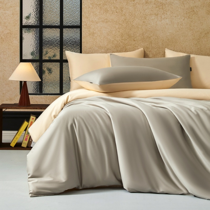 秀色家纺 2025新款A类60s新疆长绒棉纯棉四件套全棉床上用品纯色床单被套被罩三件套-米朵 米朵-烟墨灰+奶昔白