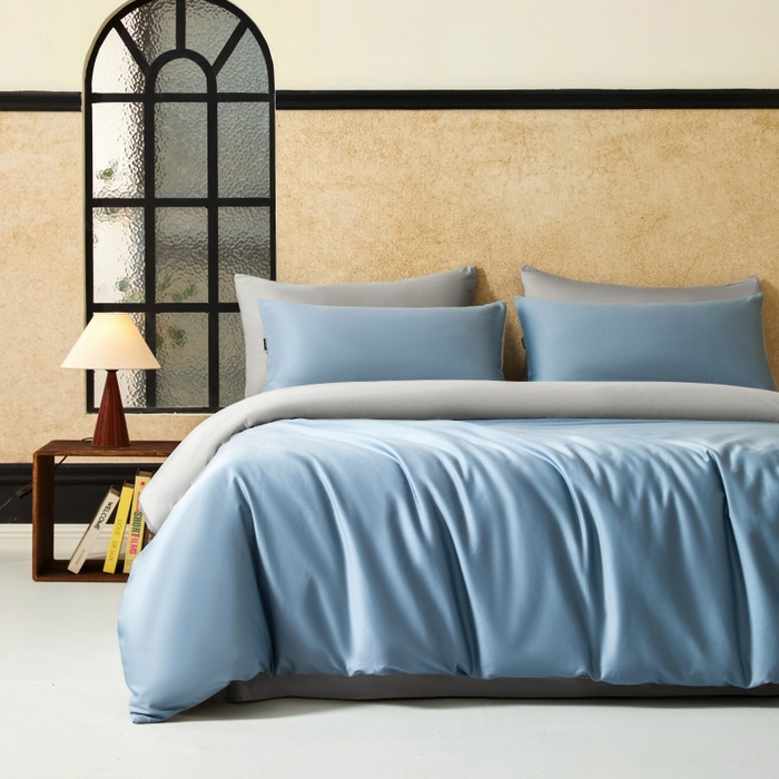 91家纺网 家纺一手货源 找家纺 秀色家纺 2025新款A类60s新疆长绒棉纯棉四件套全棉床上用品纯色床单被套被罩三件套-米朵 米朵-静谧蓝+烟墨灰