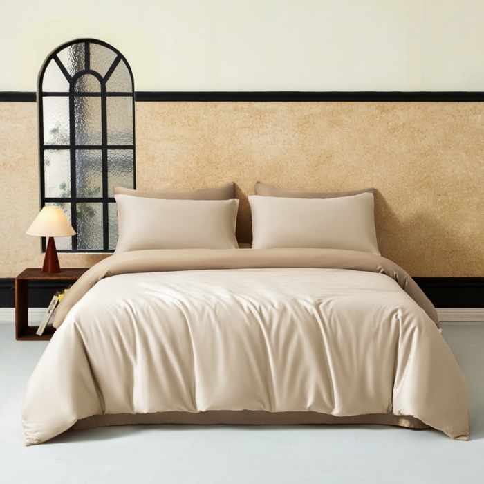 91家纺网 家纺一手货源 找家纺 秀色家纺 2025新款A类60s新疆长绒棉纯棉四件套全棉床上用品纯色床单被套被罩三件套-米朵 米朵-奶昔白+亚麻咖