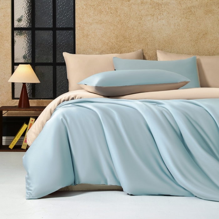 秀色家纺 2025新款A类60s新疆长绒棉纯棉四件套全棉床上用品纯色床单被套被罩三件套-米朵 米朵-天空蓝+奶昔白