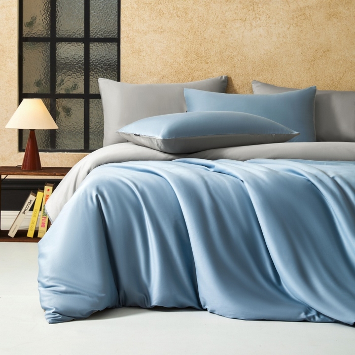 秀色家纺 2025新款A类60s新疆长绒棉纯棉四件套全棉床上用品纯色床单被套被罩三件套-米朵 米朵-静谧蓝+烟墨灰