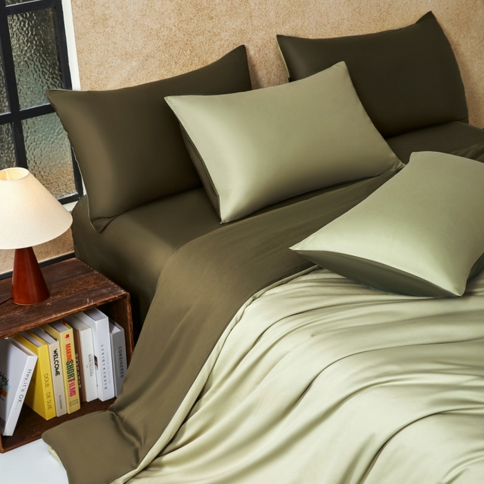 91家纺网 家纺一手货源 找家纺 秀色家纺 2025新款A类60s新疆长绒棉纯棉四件套全棉床上用品纯色床单被套被罩三件套-米朵 米朵-春水浅绿+橄榄深绿