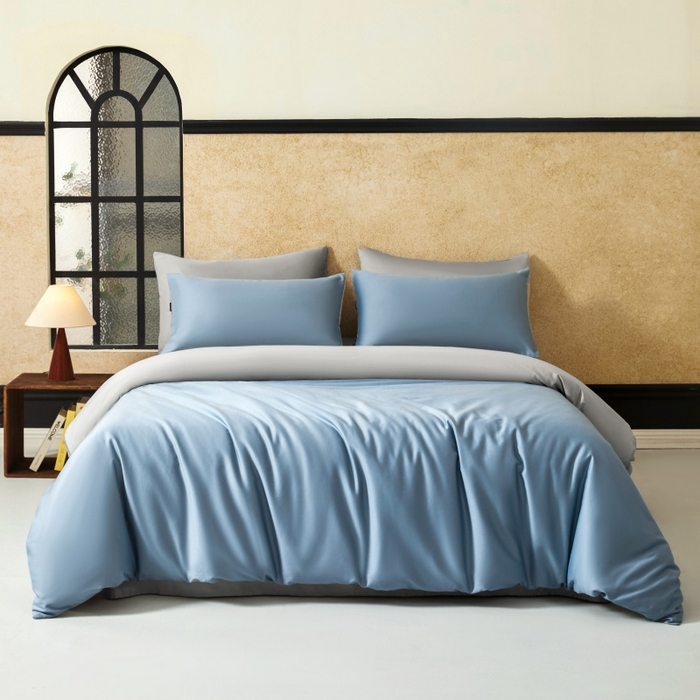 91家纺网 家纺一手货源 找家纺 秀色家纺 2025新款A类60s新疆长绒棉纯棉四件套全棉床上用品纯色床单被套被罩三件套-米朵 米朵-静谧蓝+烟墨灰