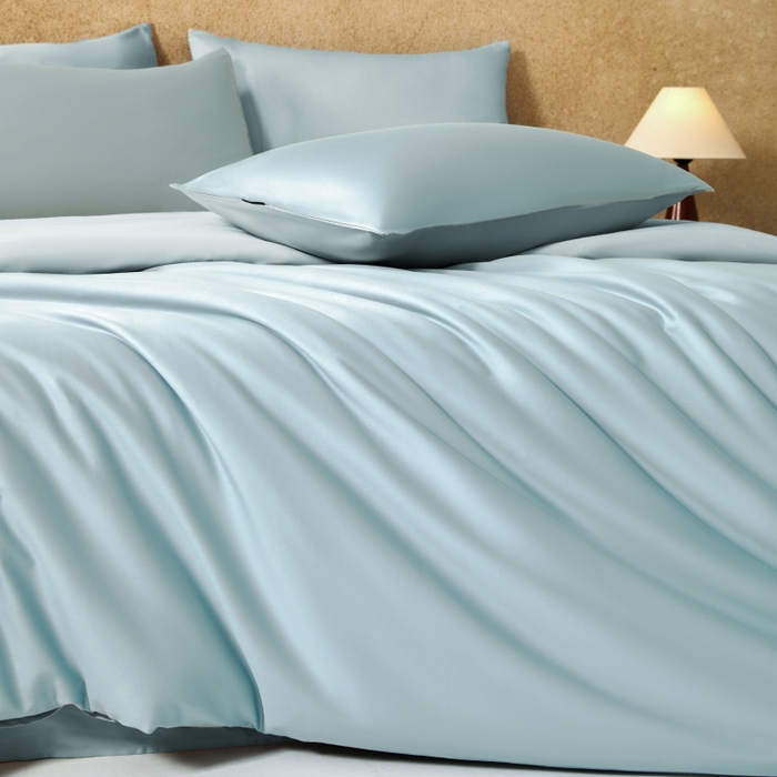 91家纺网 家纺一手货源 找家纺 秀色家纺 2025新款A类60s新疆长绒棉纯棉四件套全棉床上用品纯色床单被套被罩三件套-米朵 米朵-天空蓝