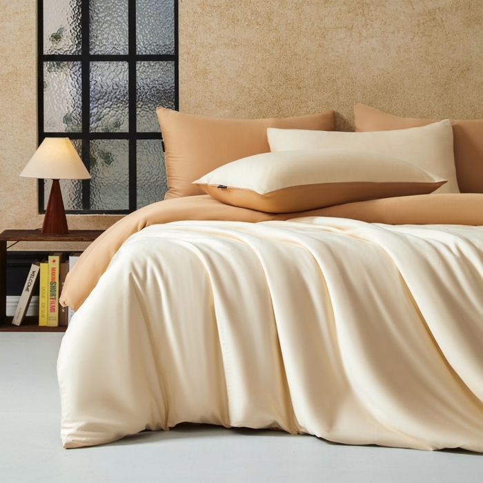 秀色家纺 2025新款A类60s新疆长绒棉纯棉四件套全棉床上用品纯色床单被套被罩三件套-米朵 米朵-奶油柚子金