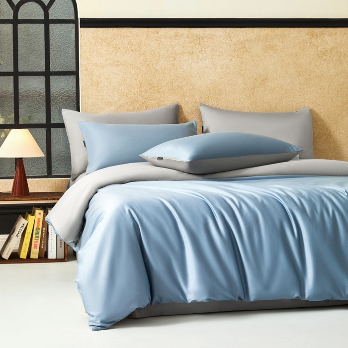 91家纺网 家纺一手货源 找家纺 秀色家纺 2025新款A类60s新疆长绒棉纯棉四件套全棉床上用品纯色床单被套被罩三件套-米朵 米朵-静谧蓝+烟墨灰