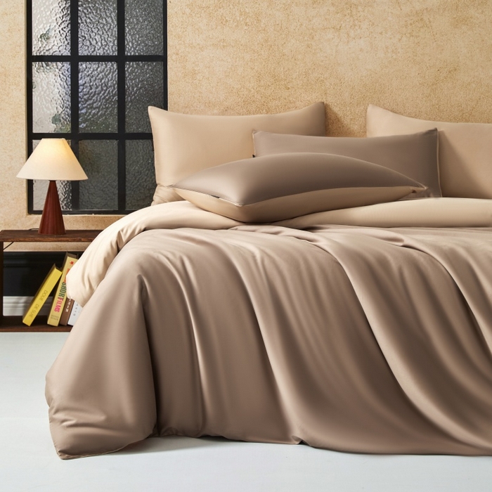 秀色家纺 2025新款A类60s新疆长绒棉纯棉四件套全棉床上用品纯色床单被套被罩三件套-米朵 米朵-亚麻咖+香槟金