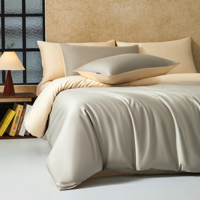 91家纺网 家纺一手货源 找家纺 秀色家纺 2025新款A类60s新疆长绒棉纯棉四件套全棉床上用品纯色床单被套被罩三件套-米朵 米朵-烟墨灰+奶昔白