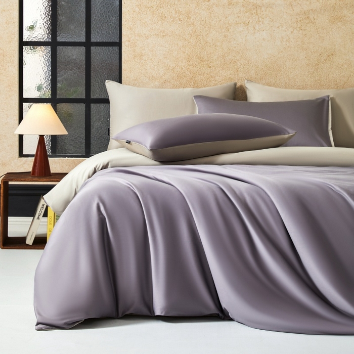 秀色家纺 2025新款A类60s新疆长绒棉纯棉四件套全棉床上用品纯色床单被套被罩三件套-米朵 米朵-乌梅紫+香槟金