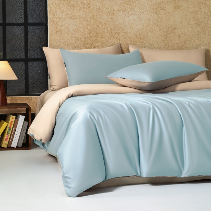 91家纺网 家纺一手货源 找家纺 秀色家纺 2025新款A类60s新疆长绒棉纯棉四件套全棉床上用品纯色床单被套被罩三件套-米朵 米朵-天空蓝+奶昔白