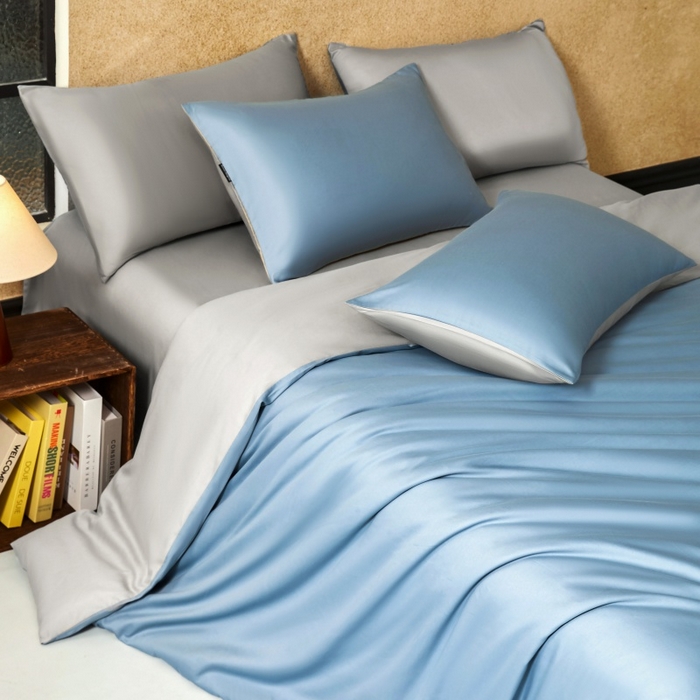 91家纺网 家纺一手货源 找家纺 秀色家纺 2025新款A类60s新疆长绒棉纯棉四件套全棉床上用品纯色床单被套被罩三件套-米朵 米朵-静谧蓝+烟墨灰