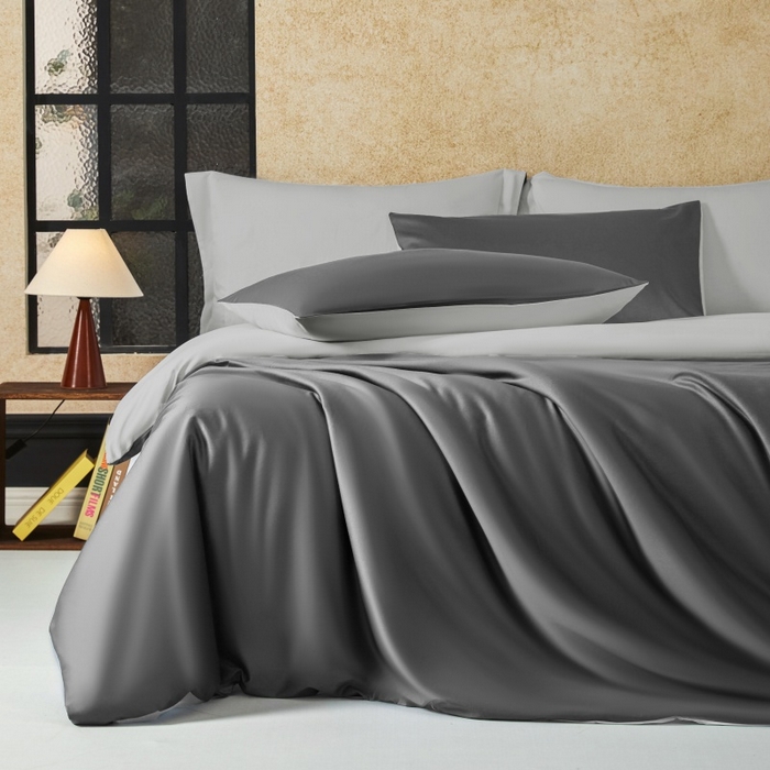 秀色家纺 2025新款A类60s新疆长绒棉纯棉四件套全棉床上用品纯色床单被套被罩三件套-米朵 米朵-雅士灰+烟墨灰