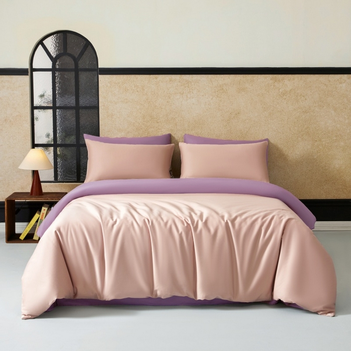 91家纺网 家纺一手货源 找家纺 秀色家纺 2025新款A类60s新疆长绒棉纯棉四件套全棉床上用品纯色床单被套被罩三件套-米朵 米朵-茱萸粉+乌梅紫