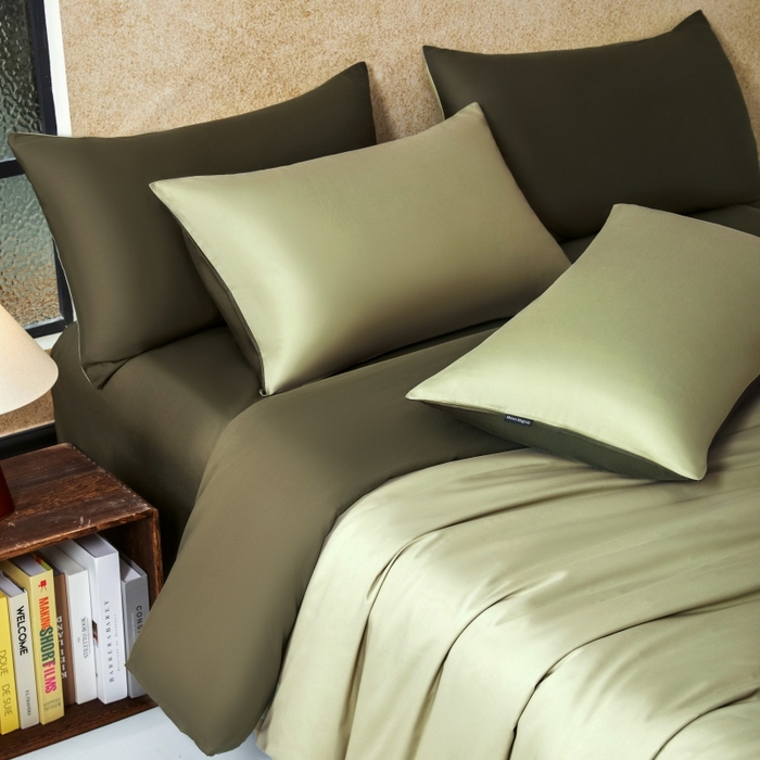 91家纺网 家纺一手货源 找家纺 秀色家纺 2025新款A类60s新疆长绒棉纯棉四件套全棉床上用品纯色床单被套被罩三件套-米朵 米朵-春水浅绿+橄榄深绿