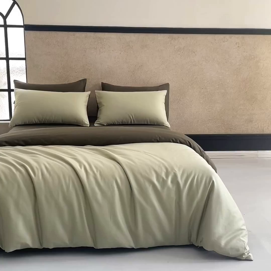 91家纺网 家纺一手货源 找家纺 秀色家纺 2025新款A类60s新疆长绒棉纯棉四件套全棉床上用品纯色床单被套被罩三件套-米朵 米朵-春水浅绿+橄榄深绿