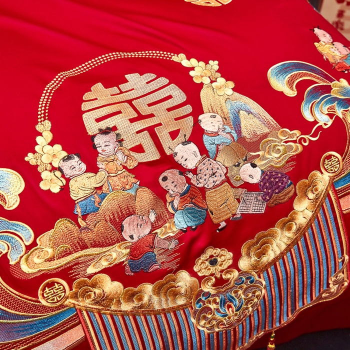 91家纺网 家纺一手货源 找家纺 东方合美（原：皇家传奇） 2025新款新中式纯棉刺绣长绒棉四件套 百子贺喜